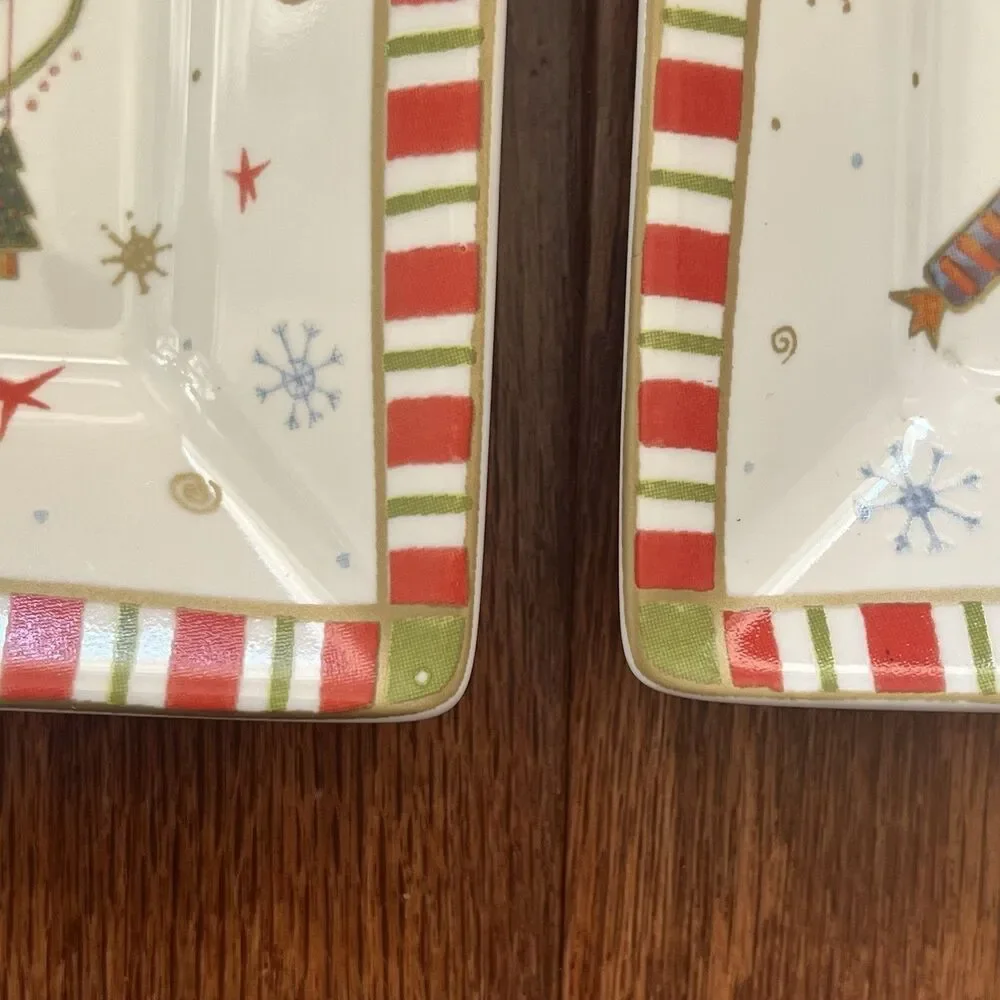 222 Fifth Christmas Plates Set of‎ 4 Square Whimsical Folk Art- Style